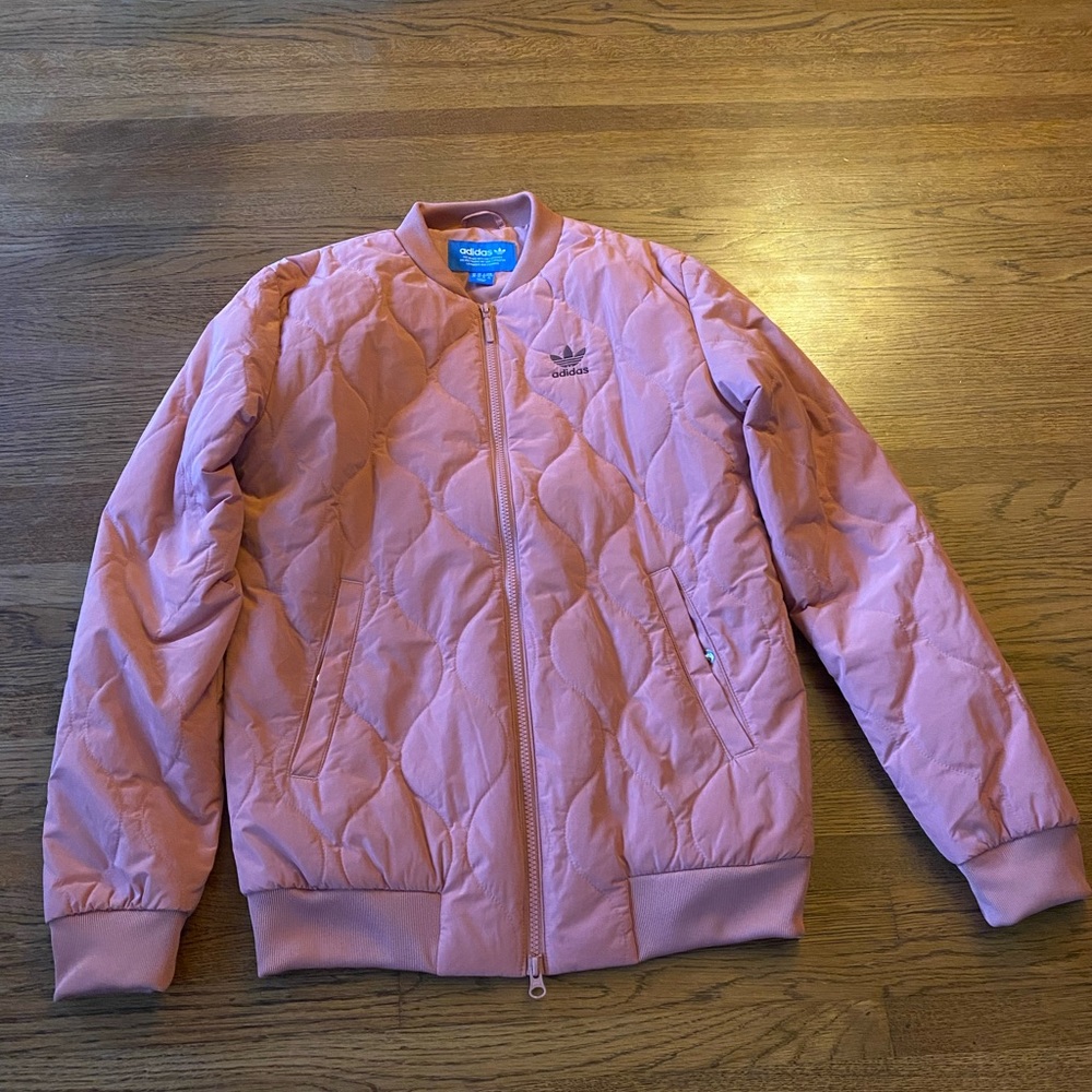 Adidas Originals Rose Gold Mauve Oversized Long Quilted Bomber Jacket